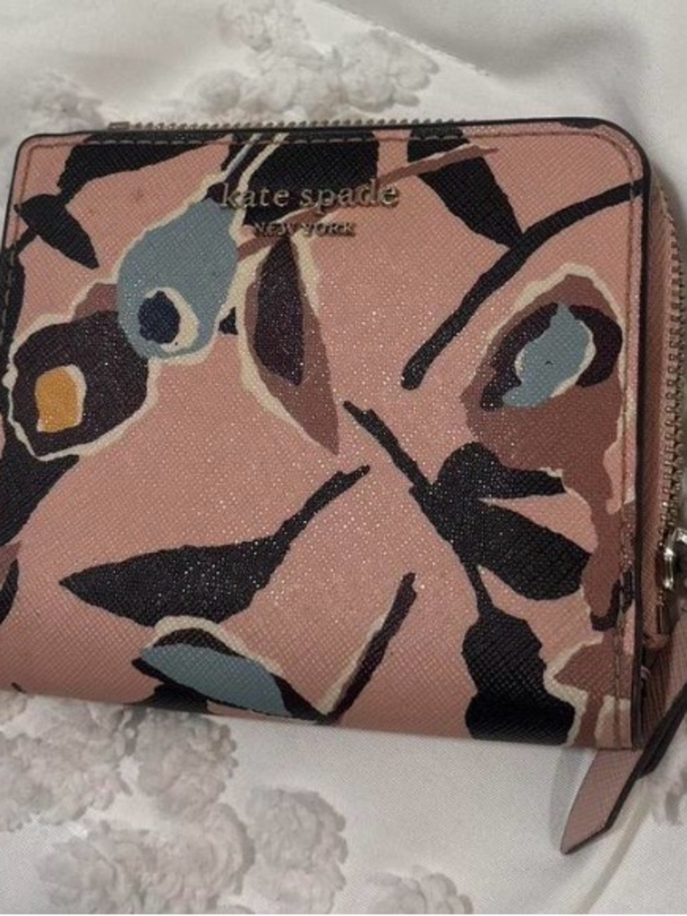 kate spade Floral Print Zip Wallet in Pink, Black & Blue